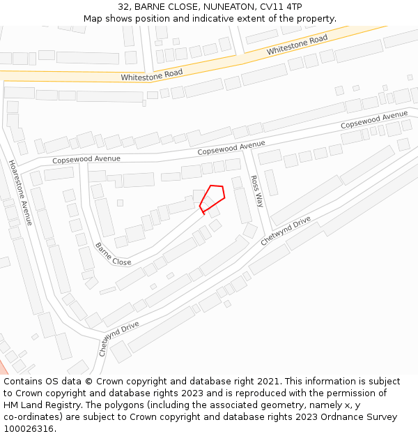 32, BARNE CLOSE, NUNEATON, CV11 4TP: Location map and indicative extent of plot
