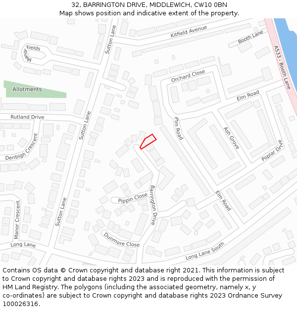 32, BARRINGTON DRIVE, MIDDLEWICH, CW10 0BN: Location map and indicative extent of plot