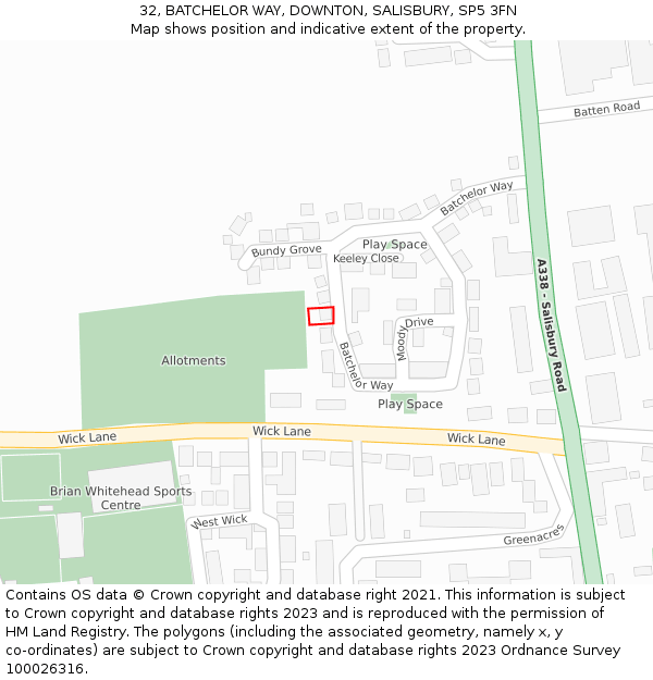 32, BATCHELOR WAY, DOWNTON, SALISBURY, SP5 3FN: Location map and indicative extent of plot