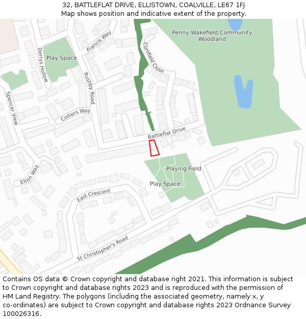 32, BATTLEFLAT DRIVE, ELLISTOWN, COALVILLE, LE67 1FJ: Location map and indicative extent of plot