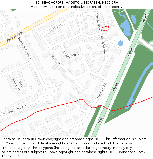 32, BEACHCROFT, HADSTON, MORPETH, NE65 9RH: Location map and indicative extent of plot