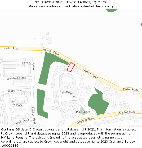 32, BEACON DRIVE, NEWTON ABBOT, TQ12 1GG: Location map and indicative extent of plot