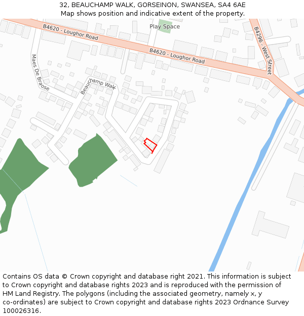 32, BEAUCHAMP WALK, GORSEINON, SWANSEA, SA4 6AE: Location map and indicative extent of plot