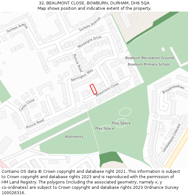 32, BEAUMONT CLOSE, BOWBURN, DURHAM, DH6 5QA: Location map and indicative extent of plot