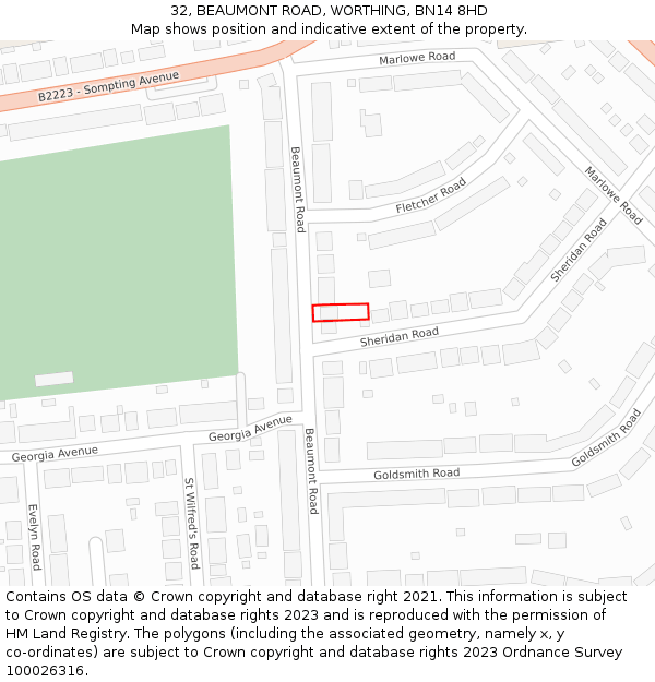 32, BEAUMONT ROAD, WORTHING, BN14 8HD: Location map and indicative extent of plot