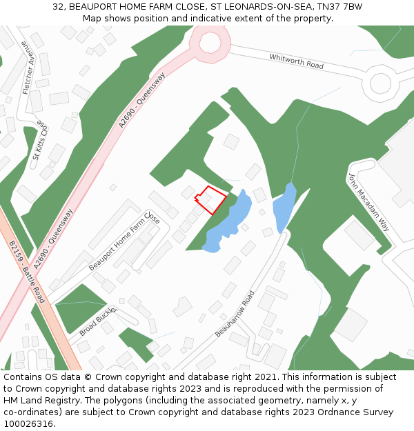 32, BEAUPORT HOME FARM CLOSE, ST LEONARDS-ON-SEA, TN37 7BW: Location map and indicative extent of plot