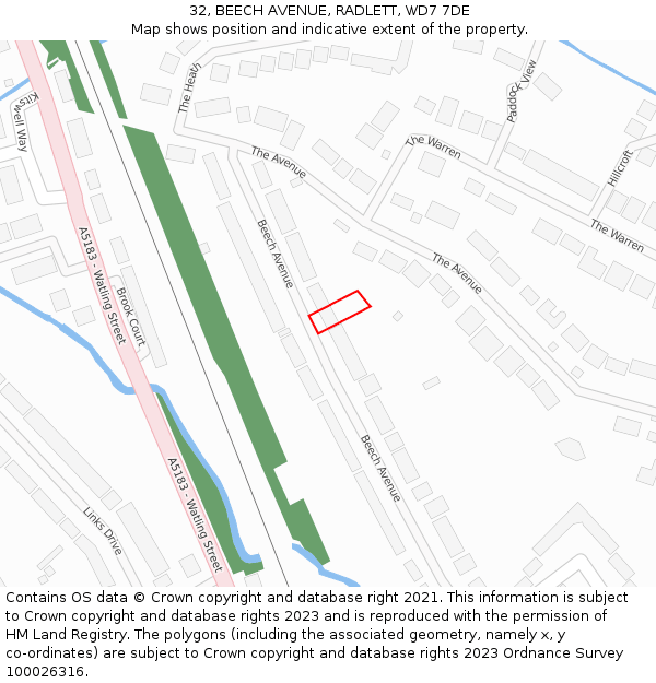 32, BEECH AVENUE, RADLETT, WD7 7DE: Location map and indicative extent of plot