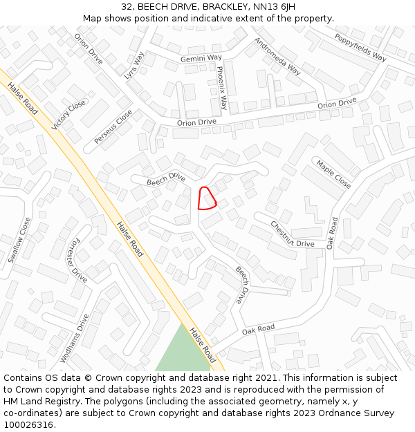 32, BEECH DRIVE, BRACKLEY, NN13 6JH: Location map and indicative extent of plot