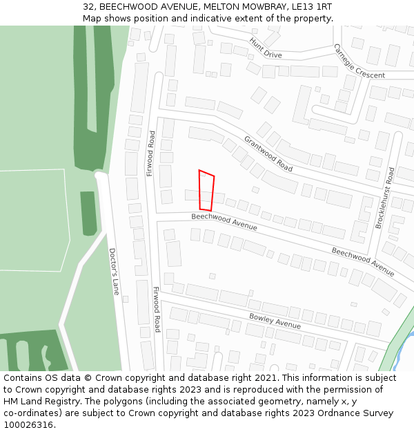 32, BEECHWOOD AVENUE, MELTON MOWBRAY, LE13 1RT: Location map and indicative extent of plot