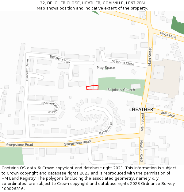 32, BELCHER CLOSE, HEATHER, COALVILLE, LE67 2RN: Location map and indicative extent of plot