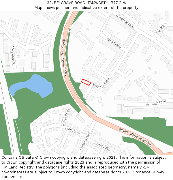 32, BELGRAVE ROAD, TAMWORTH, B77 2LW: Location map and indicative extent of plot