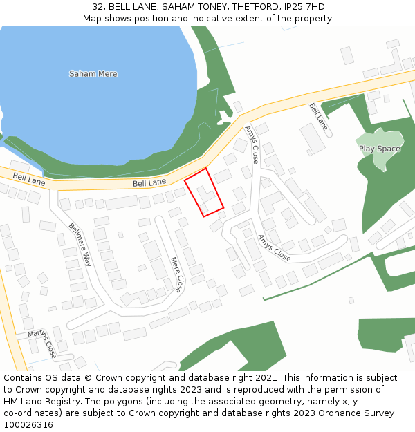 32, BELL LANE, SAHAM TONEY, THETFORD, IP25 7HD: Location map and indicative extent of plot