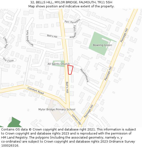 32, BELLS HILL, MYLOR BRIDGE, FALMOUTH, TR11 5SH: Location map and indicative extent of plot