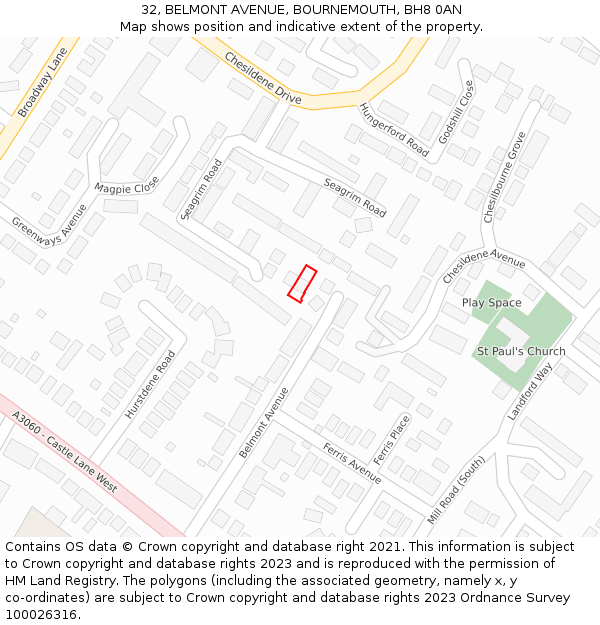 32, BELMONT AVENUE, BOURNEMOUTH, BH8 0AN: Location map and indicative extent of plot