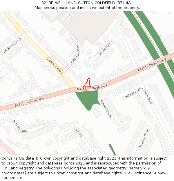 32, BELWELL LANE, SUTTON COLDFIELD, B74 4AL: Location map and indicative extent of plot