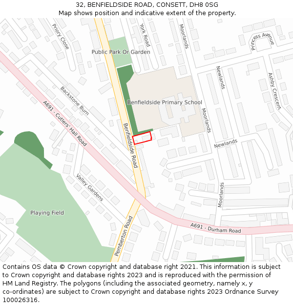 32, BENFIELDSIDE ROAD, CONSETT, DH8 0SG: Location map and indicative extent of plot