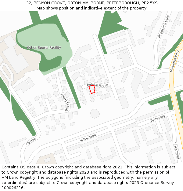 32, BENYON GROVE, ORTON MALBORNE, PETERBOROUGH, PE2 5XS: Location map and indicative extent of plot