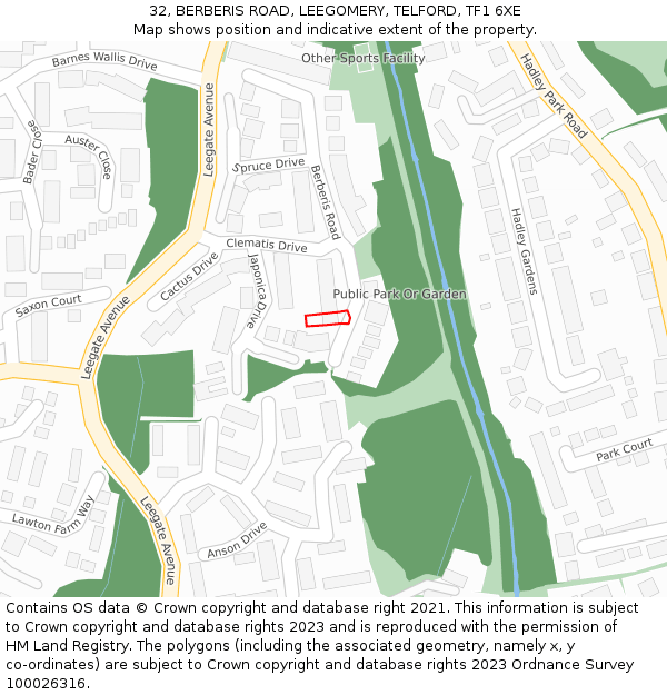 32, BERBERIS ROAD, LEEGOMERY, TELFORD, TF1 6XE: Location map and indicative extent of plot