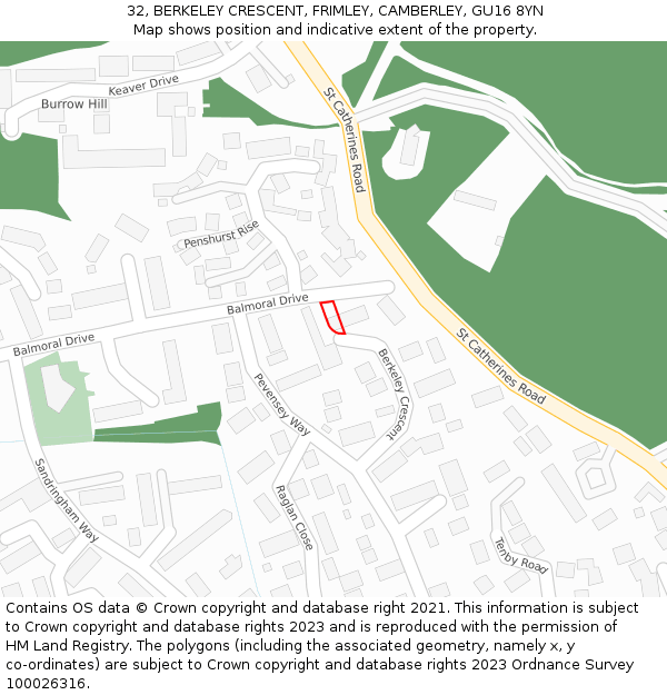 32, BERKELEY CRESCENT, FRIMLEY, CAMBERLEY, GU16 8YN: Location map and indicative extent of plot