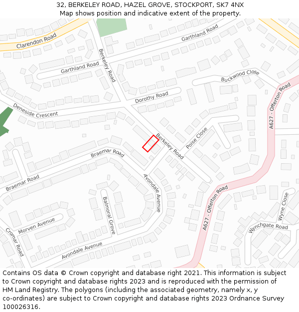 32, BERKELEY ROAD, HAZEL GROVE, STOCKPORT, SK7 4NX: Location map and indicative extent of plot