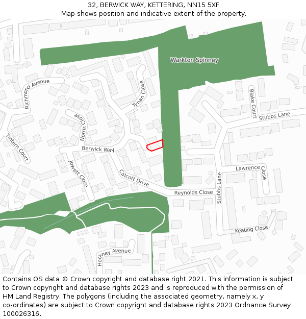 32, BERWICK WAY, KETTERING, NN15 5XF: Location map and indicative extent of plot