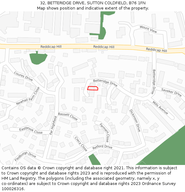 32, BETTERIDGE DRIVE, SUTTON COLDFIELD, B76 1FN: Location map and indicative extent of plot