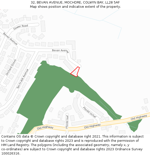 32, BEVAN AVENUE, MOCHDRE, COLWYN BAY, LL28 5AF: Location map and indicative extent of plot