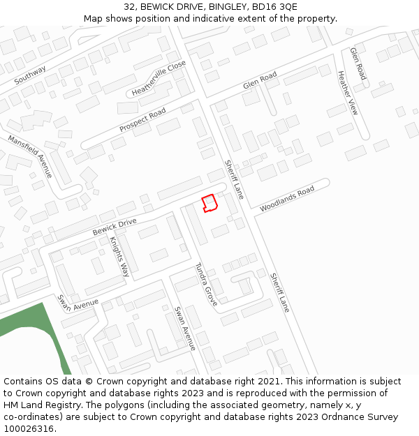 32, BEWICK DRIVE, BINGLEY, BD16 3QE: Location map and indicative extent of plot