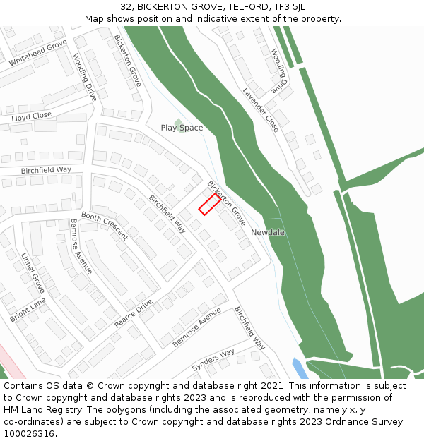 32, BICKERTON GROVE, TELFORD, TF3 5JL: Location map and indicative extent of plot