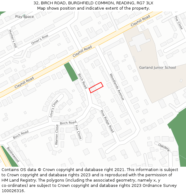 32, BIRCH ROAD, BURGHFIELD COMMON, READING, RG7 3LX: Location map and indicative extent of plot