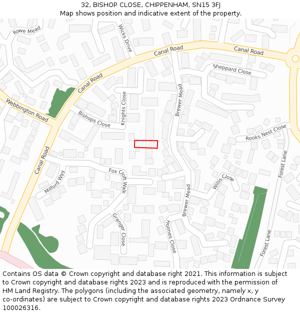 32, BISHOP CLOSE, CHIPPENHAM, SN15 3FJ: Location map and indicative extent of plot