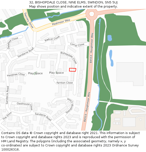 32, BISHOPDALE CLOSE, NINE ELMS, SWINDON, SN5 5UJ: Location map and indicative extent of plot