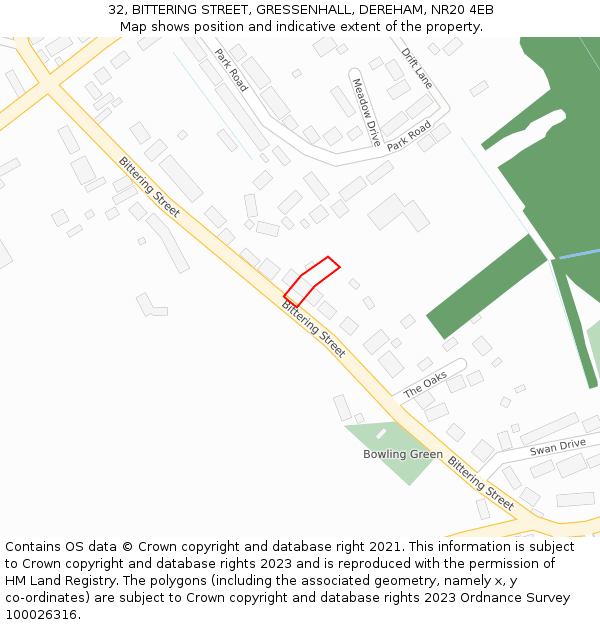 32, BITTERING STREET, GRESSENHALL, DEREHAM, NR20 4EB: Location map and indicative extent of plot