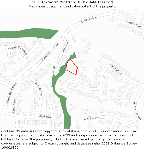 32, BLACK WOOD, WYNYARD, BILLINGHAM, TS22 5GQ: Location map and indicative extent of plot