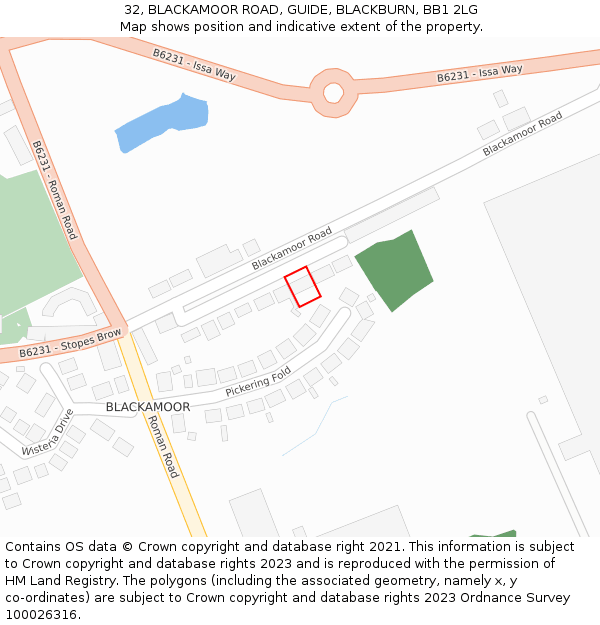 32, BLACKAMOOR ROAD, GUIDE, BLACKBURN, BB1 2LG: Location map and indicative extent of plot
