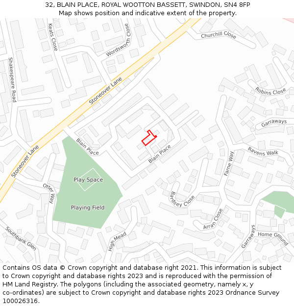 32, BLAIN PLACE, ROYAL WOOTTON BASSETT, SWINDON, SN4 8FP: Location map and indicative extent of plot