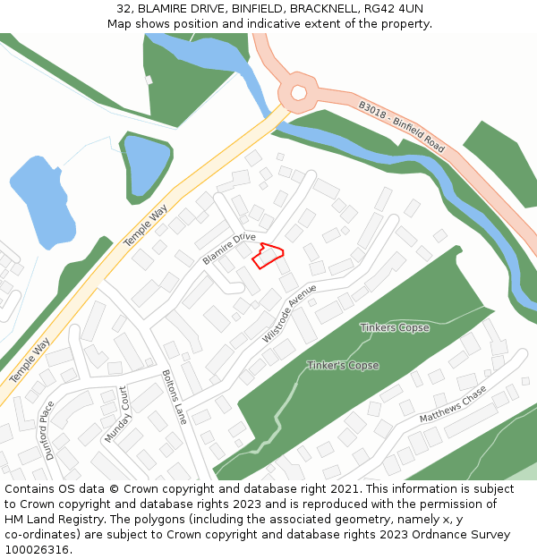 32, BLAMIRE DRIVE, BINFIELD, BRACKNELL, RG42 4UN: Location map and indicative extent of plot