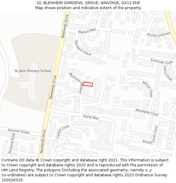 32, BLENHEIM GARDENS, GROVE, WANTAGE, OX12 0NP: Location map and indicative extent of plot