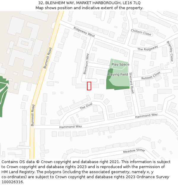 32, BLENHEIM WAY, MARKET HARBOROUGH, LE16 7LQ: Location map and indicative extent of plot