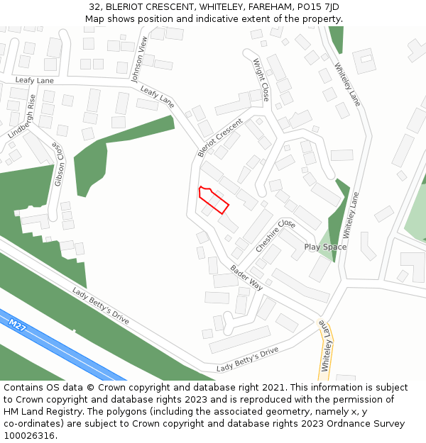 32, BLERIOT CRESCENT, WHITELEY, FAREHAM, PO15 7JD: Location map and indicative extent of plot
