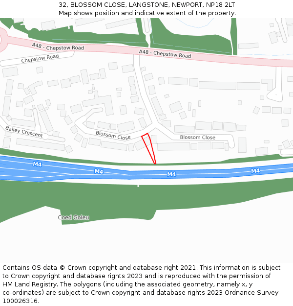 32, BLOSSOM CLOSE, LANGSTONE, NEWPORT, NP18 2LT: Location map and indicative extent of plot