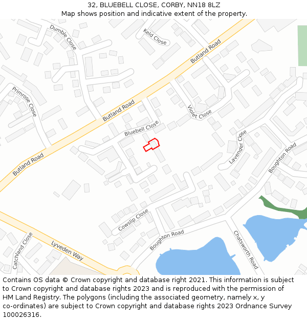 32, BLUEBELL CLOSE, CORBY, NN18 8LZ: Location map and indicative extent of plot