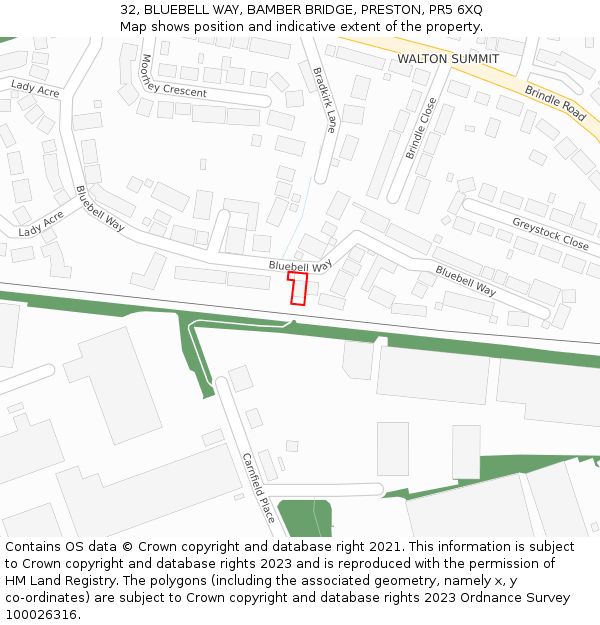 32, BLUEBELL WAY, BAMBER BRIDGE, PRESTON, PR5 6XQ: Location map and indicative extent of plot