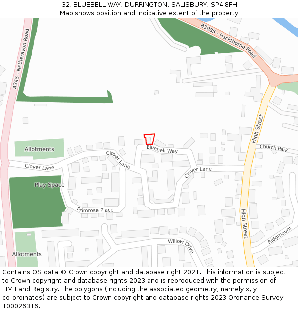 32, BLUEBELL WAY, DURRINGTON, SALISBURY, SP4 8FH: Location map and indicative extent of plot