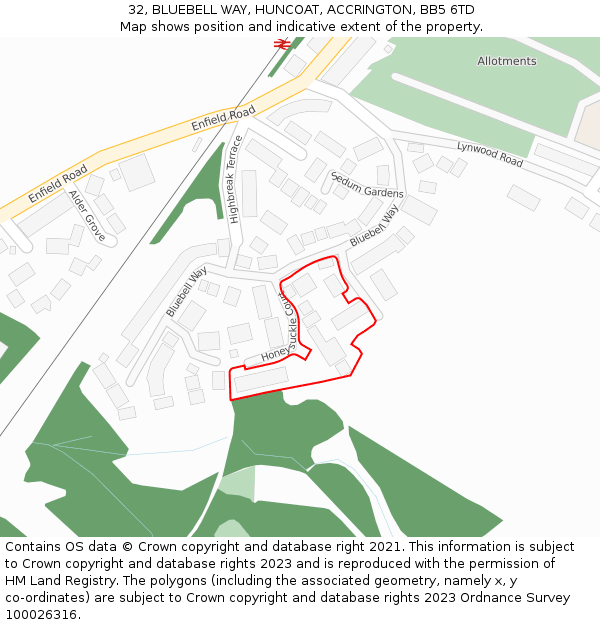 32, BLUEBELL WAY, HUNCOAT, ACCRINGTON, BB5 6TD: Location map and indicative extent of plot