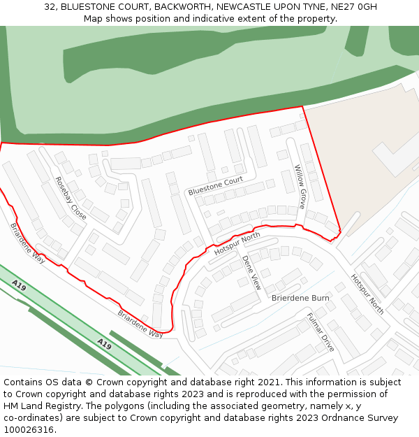 32, BLUESTONE COURT, BACKWORTH, NEWCASTLE UPON TYNE, NE27 0GH: Location map and indicative extent of plot