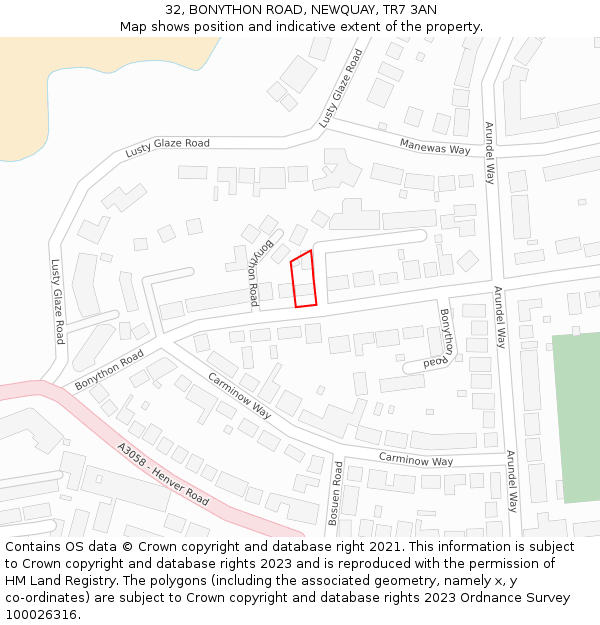 32, BONYTHON ROAD, NEWQUAY, TR7 3AN: Location map and indicative extent of plot