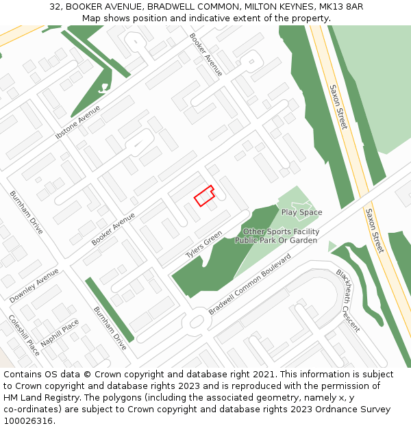 32, BOOKER AVENUE, BRADWELL COMMON, MILTON KEYNES, MK13 8AR: Location map and indicative extent of plot