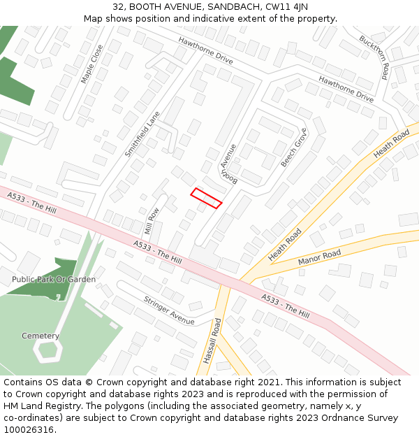 32, BOOTH AVENUE, SANDBACH, CW11 4JN: Location map and indicative extent of plot