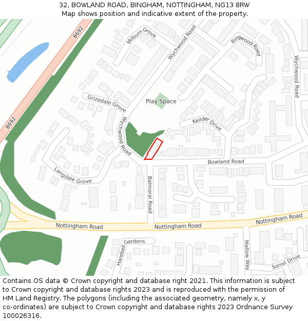 32, BOWLAND ROAD, BINGHAM, NOTTINGHAM, NG13 8RW: Location map and indicative extent of plot